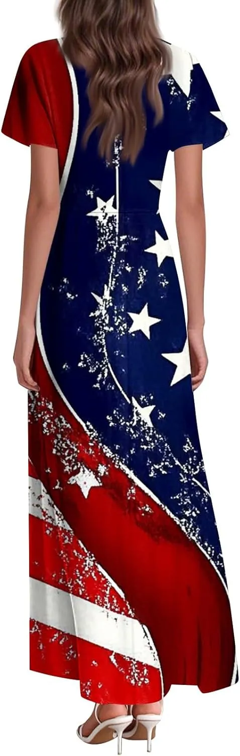 Women's Boho Summer Dresses Casual V-Neck Short Sleeve Maxi Dress High Waist Big Swing Loose Long Beach Sundress