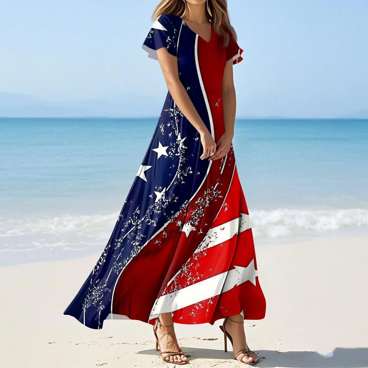 Women's Boho Summer Dresses Casual V-Neck Short Sleeve Maxi Dress High Waist Big Swing Loose Long Beach Sundress