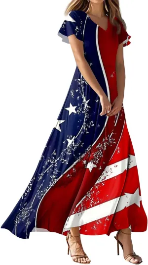 Women's Boho Summer Dresses Casual V-Neck Short Sleeve Maxi Dress High Waist Big Swing Loose Long Beach Sundress