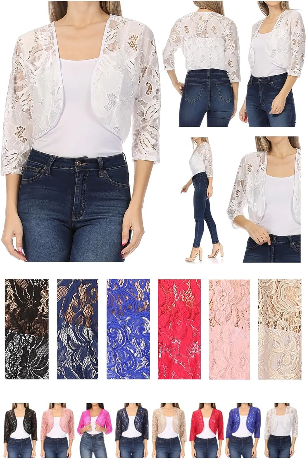 Women's Casual Lace Bolero Crochet Open Cardigan 3/4 Sleeve Sheer Cover Up Jacket