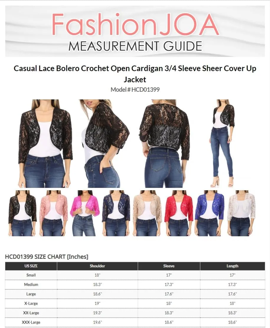 Women's Casual Lace Bolero Crochet Open Cardigan 3/4 Sleeve Sheer Cover Up Jacket