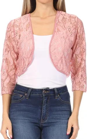 Women's Casual Lace Bolero Crochet Open Cardigan 3/4 Sleeve Sheer Cover Up Jacket
