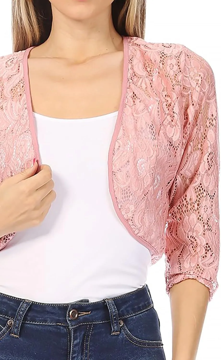 Women's Casual Lace Bolero Crochet Open Cardigan 3/4 Sleeve Sheer Cover Up Jacket