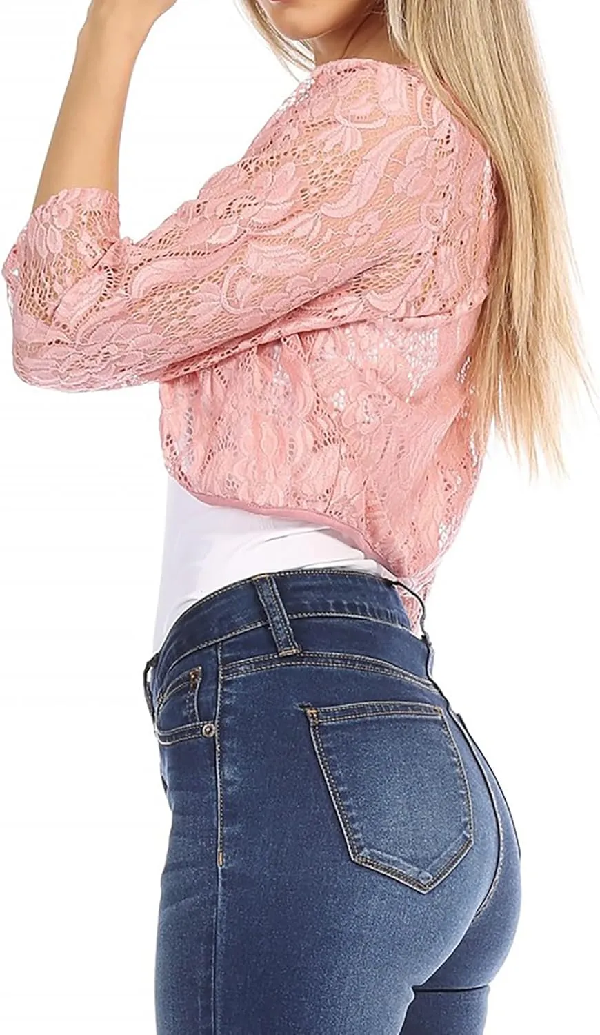 Women's Casual Lace Bolero Crochet Open Cardigan 3/4 Sleeve Sheer Cover Up Jacket