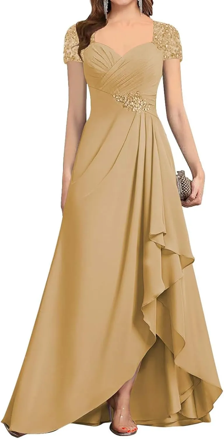 Women's Chiffon Beaded Mother of The Bride Dresses for Wedding Short Sleeves Formal Evening Gown