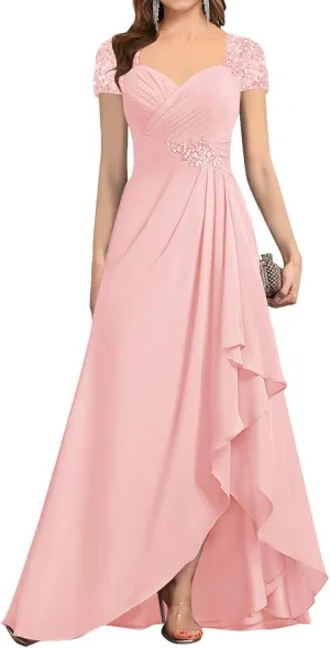Women's Chiffon Beaded Mother of The Bride Dresses for Wedding Short Sleeves Formal Evening Gown