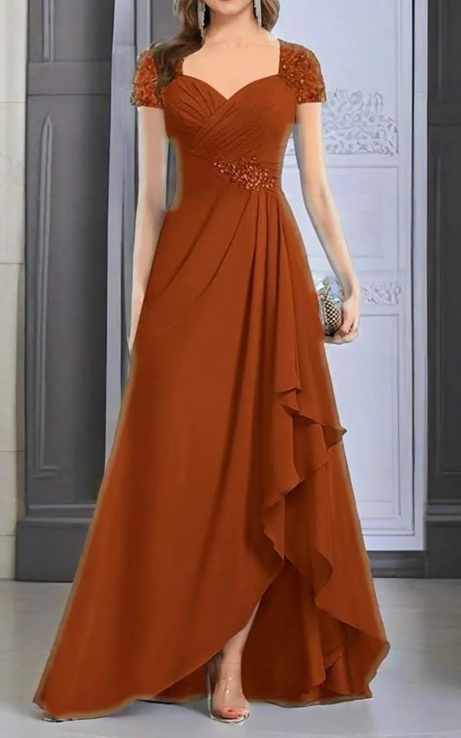 Women's Chiffon Beaded Mother of The Bride Dresses for Wedding Short Sleeves Formal Evening Gown
