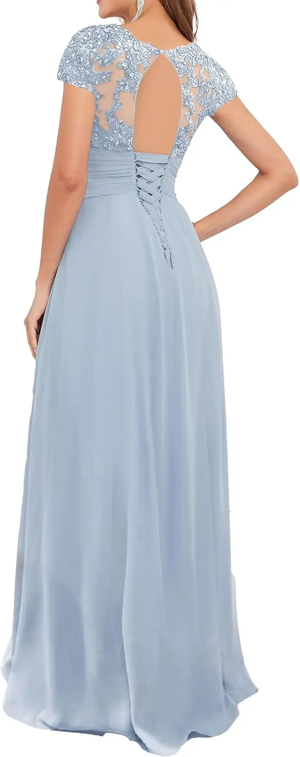 Women's Chiffon Beaded Mother of The Bride Dresses for Wedding Short Sleeves Formal Evening Gown
