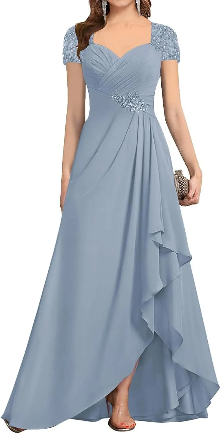 Women's Chiffon Beaded Mother of The Bride Dresses for Wedding Short Sleeves Formal Evening Gown
