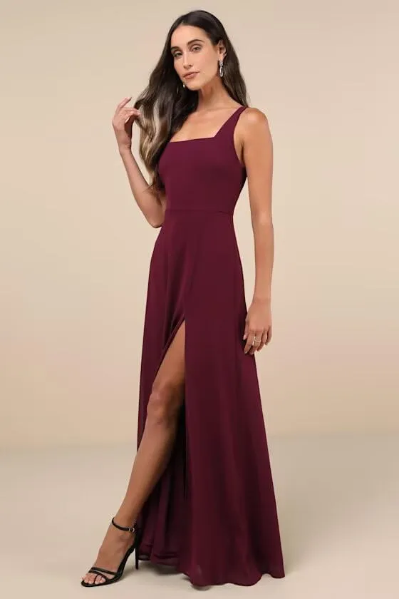Women's Chiffon Bridesmaid Dresses with Slit 2025 Square Neck Formal Wedding Guest Dress PU262