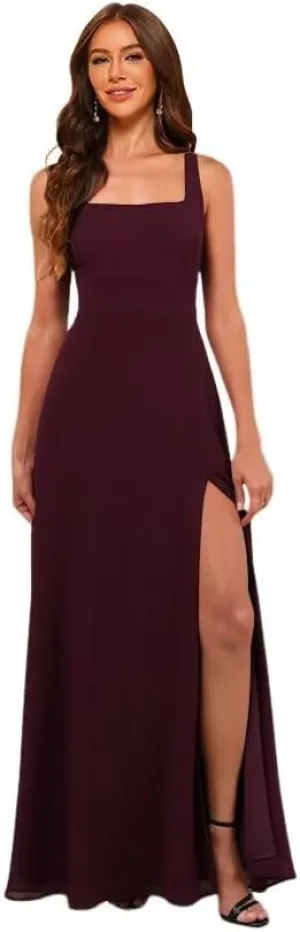 Women's Chiffon Bridesmaid Dresses with Slit 2025 Square Neck Formal Wedding Guest Dress PU262