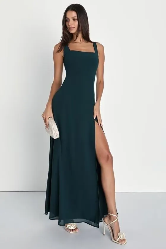 Women's Chiffon Bridesmaid Dresses with Slit 2025 Square Neck Formal Wedding Guest Dress PU262
