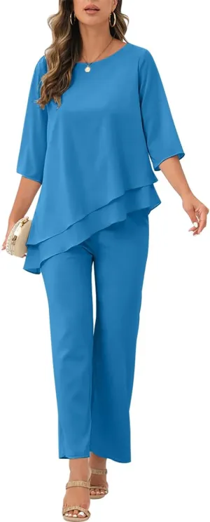 Women's Chiffon Mother of The Bride Pant Suits 2 Piece Set with 1/2 Sleeves Mother of Bride Wear 2024