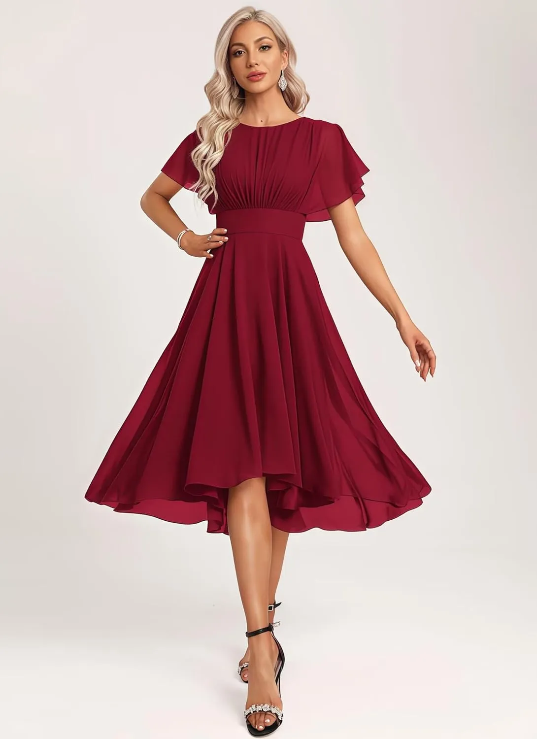 Women's Chiffon Short Bridesmaid Dress with Flutter Sleeves for Wedding 2025 A Line Formal Dress with Pockets