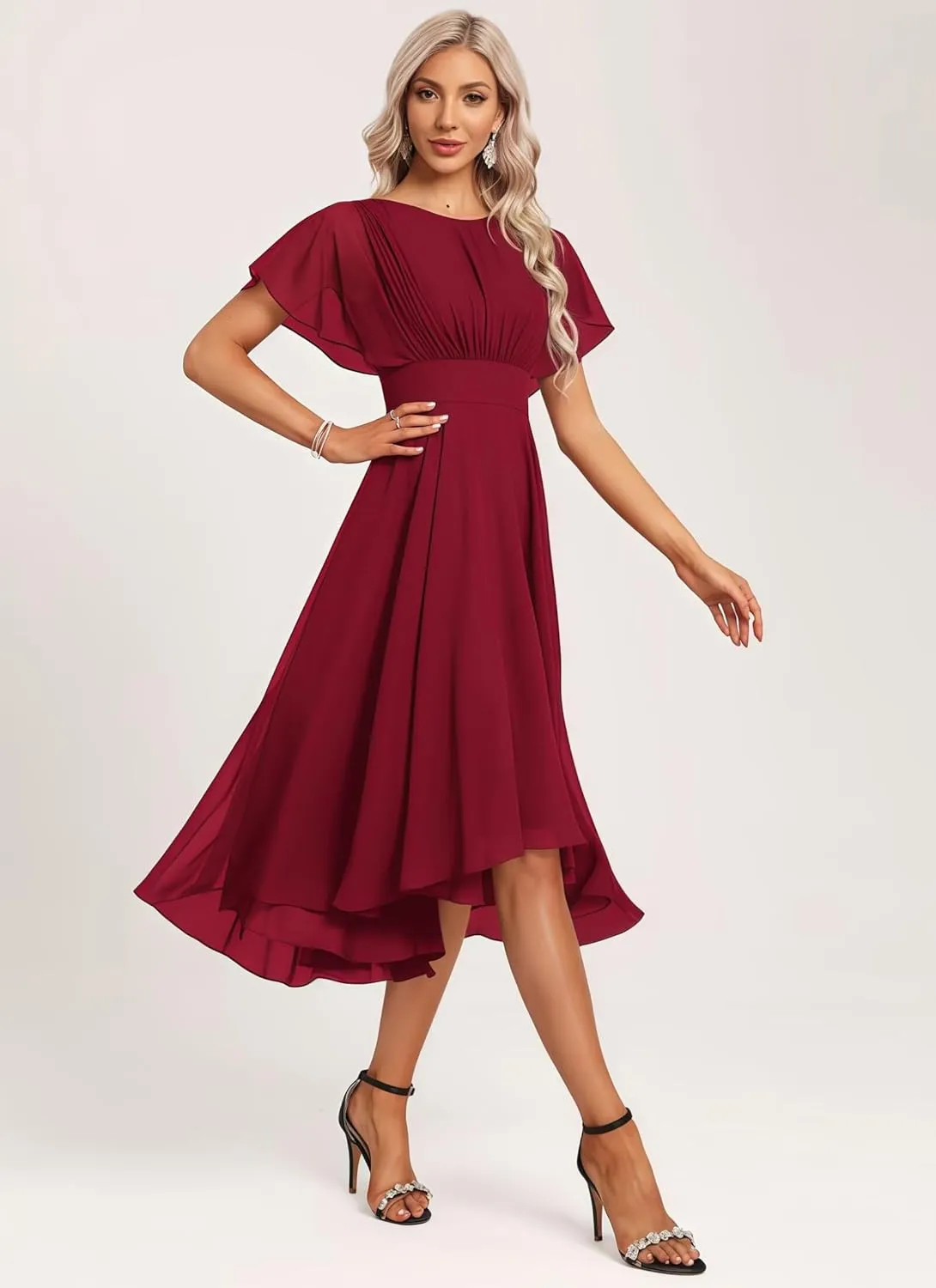 Women's Chiffon Short Bridesmaid Dress with Flutter Sleeves for Wedding 2025 A Line Formal Dress with Pockets