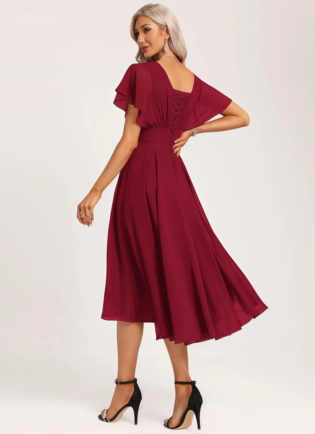 Women's Chiffon Short Bridesmaid Dress with Flutter Sleeves for Wedding 2025 A Line Formal Dress with Pockets