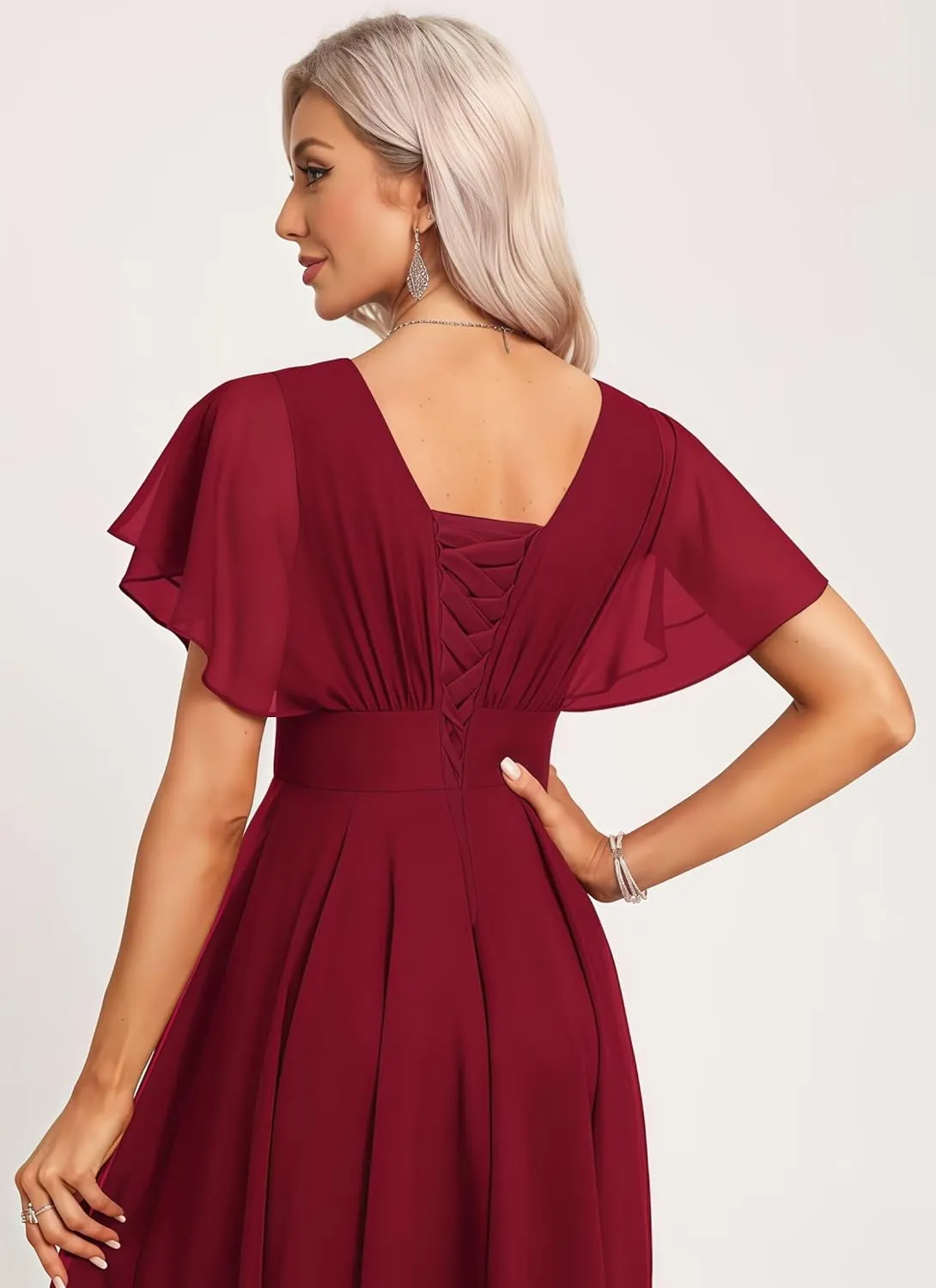 Women's Chiffon Short Bridesmaid Dress with Flutter Sleeves for Wedding 2025 A Line Formal Dress with Pockets