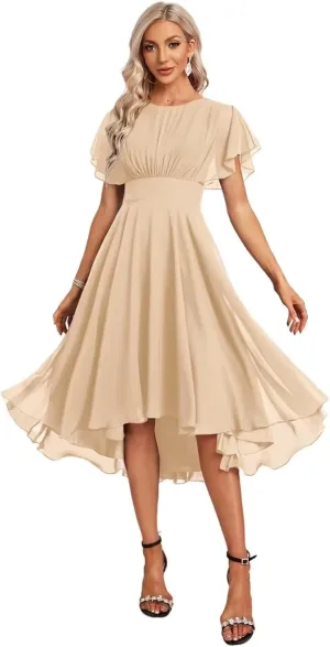 Women's Chiffon Short Bridesmaid Dress with Flutter Sleeves for Wedding 2025 A Line Formal Dress with Pockets