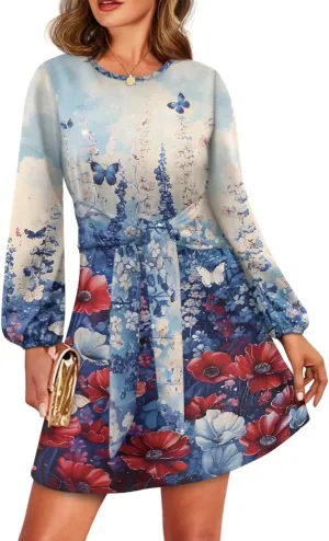 Womens Dresses 2024 Summer Long Sleeve Cut Mini Dress Casual Loose Crewneck Flowy Aline Tie Waist Shirt Outfits