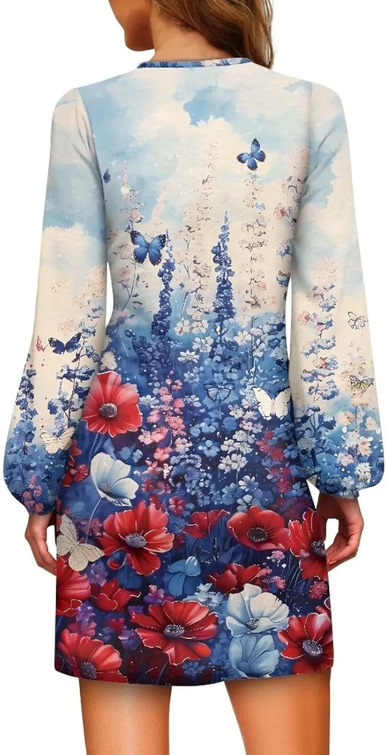 Womens Dresses 2024 Summer Long Sleeve Cut Mini Dress Casual Loose Crewneck Flowy Aline Tie Waist Shirt Outfits