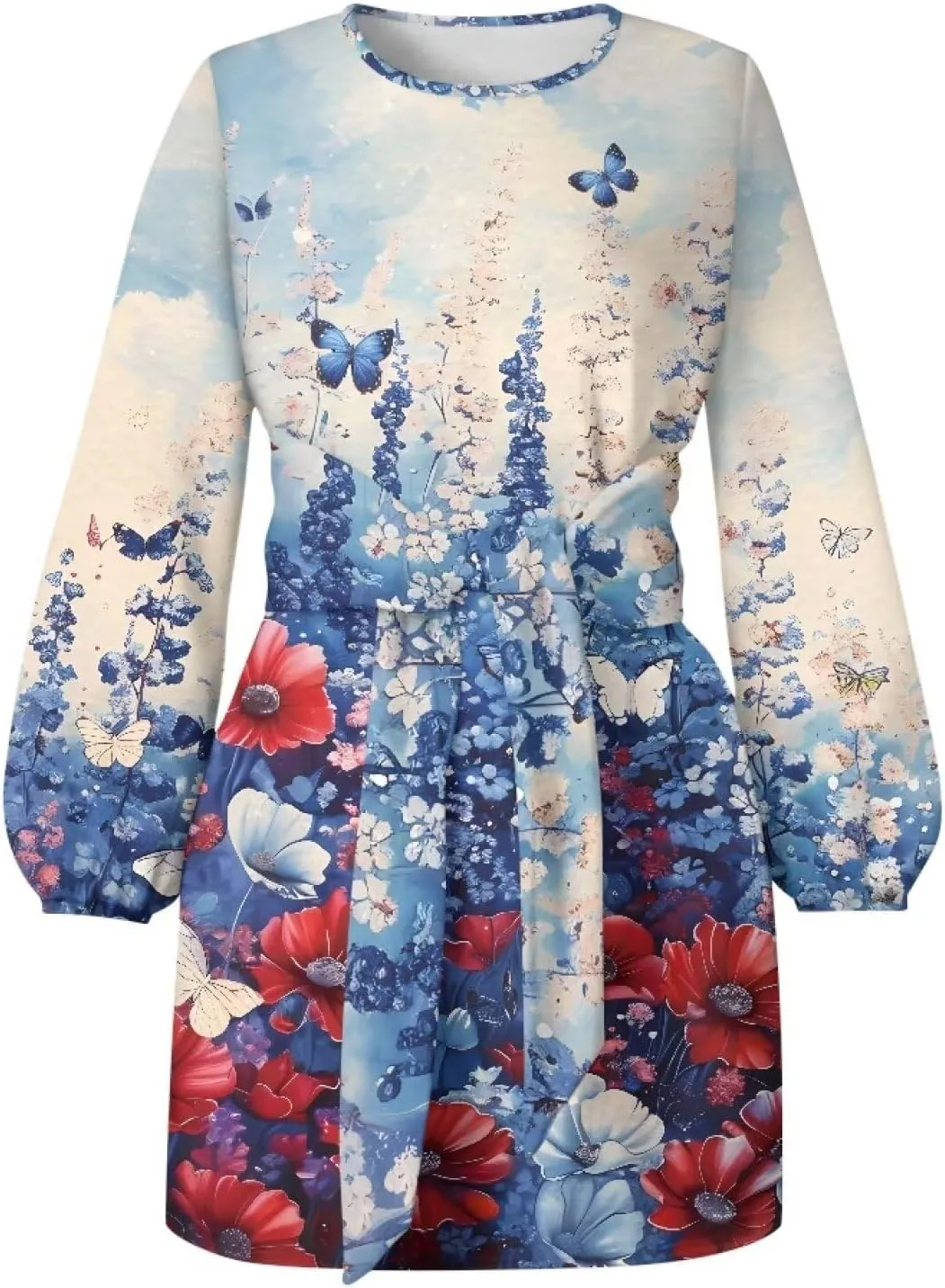 Womens Dresses 2024 Summer Long Sleeve Cut Mini Dress Casual Loose Crewneck Flowy Aline Tie Waist Shirt Outfits