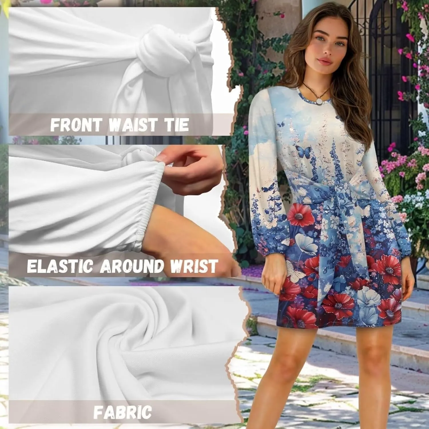 Womens Dresses 2024 Summer Long Sleeve Cut Mini Dress Casual Loose Crewneck Flowy Aline Tie Waist Shirt Outfits