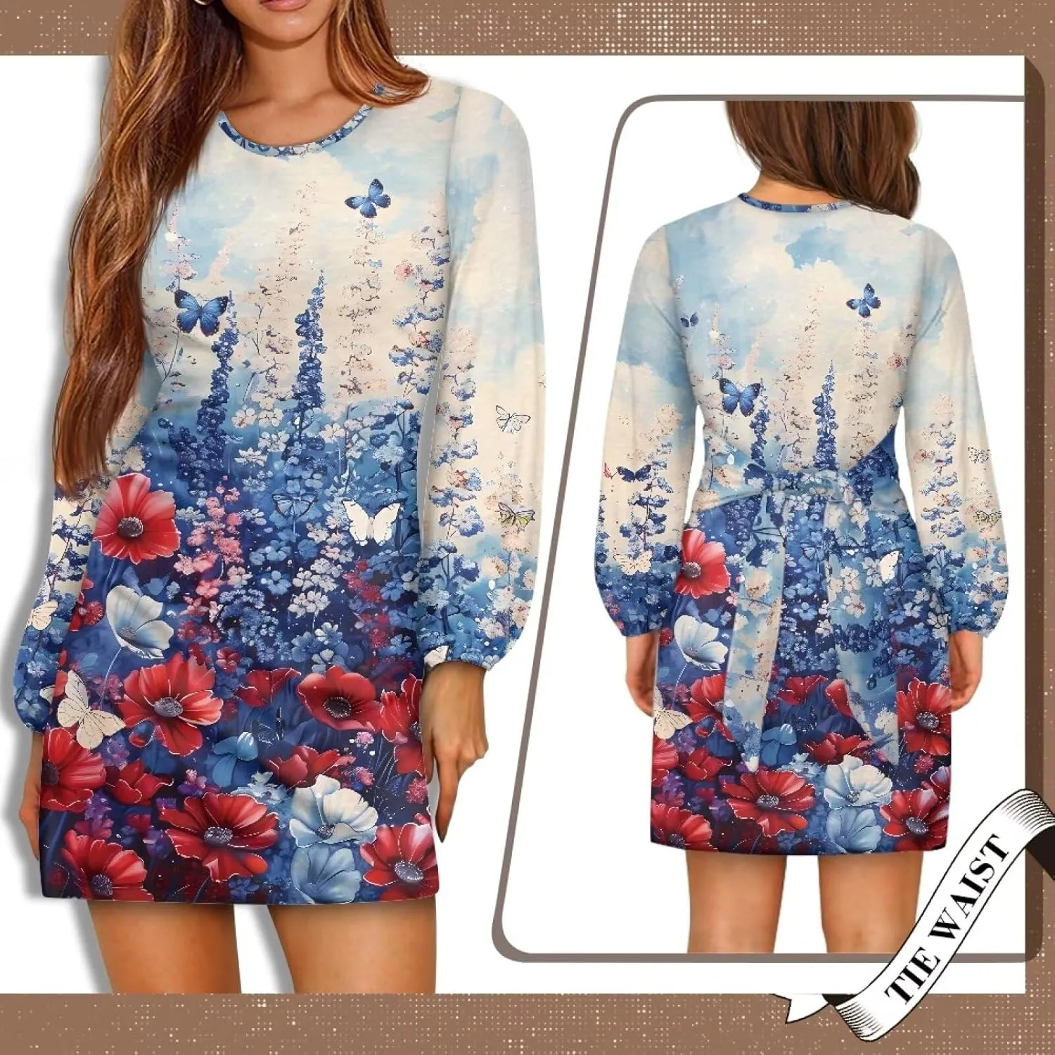 Womens Dresses 2024 Summer Long Sleeve Cut Mini Dress Casual Loose Crewneck Flowy Aline Tie Waist Shirt Outfits