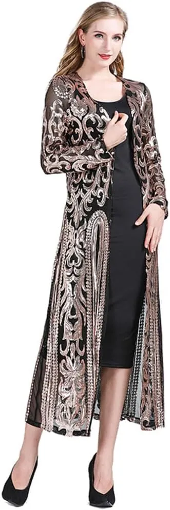 Women's Fashion Duster Cardigan Sparkle Sequins Long Sleeve Open Front Coat Dress Party Prom Cover Up