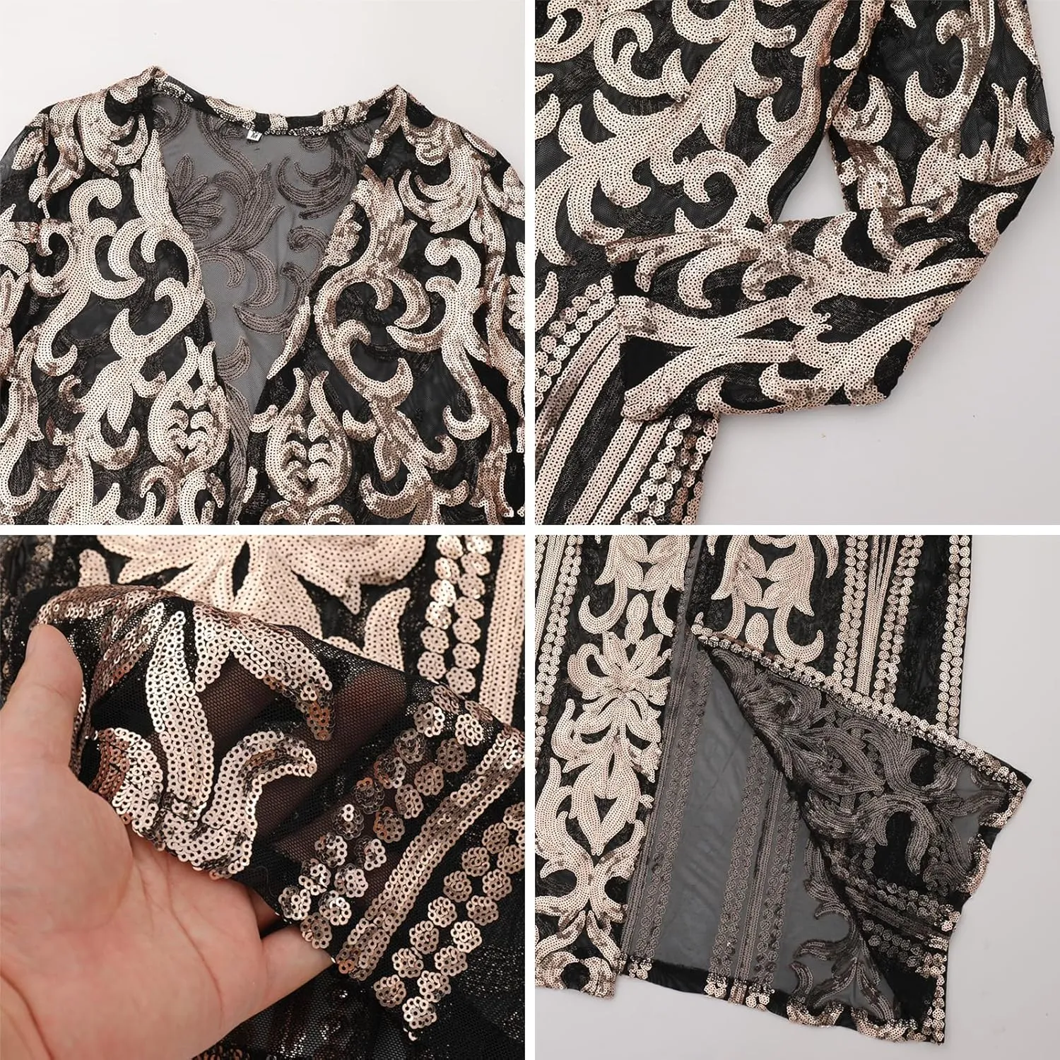 Women's Fashion Duster Cardigan Sparkle Sequins Long Sleeve Open Front Coat Dress Party Prom Cover Up