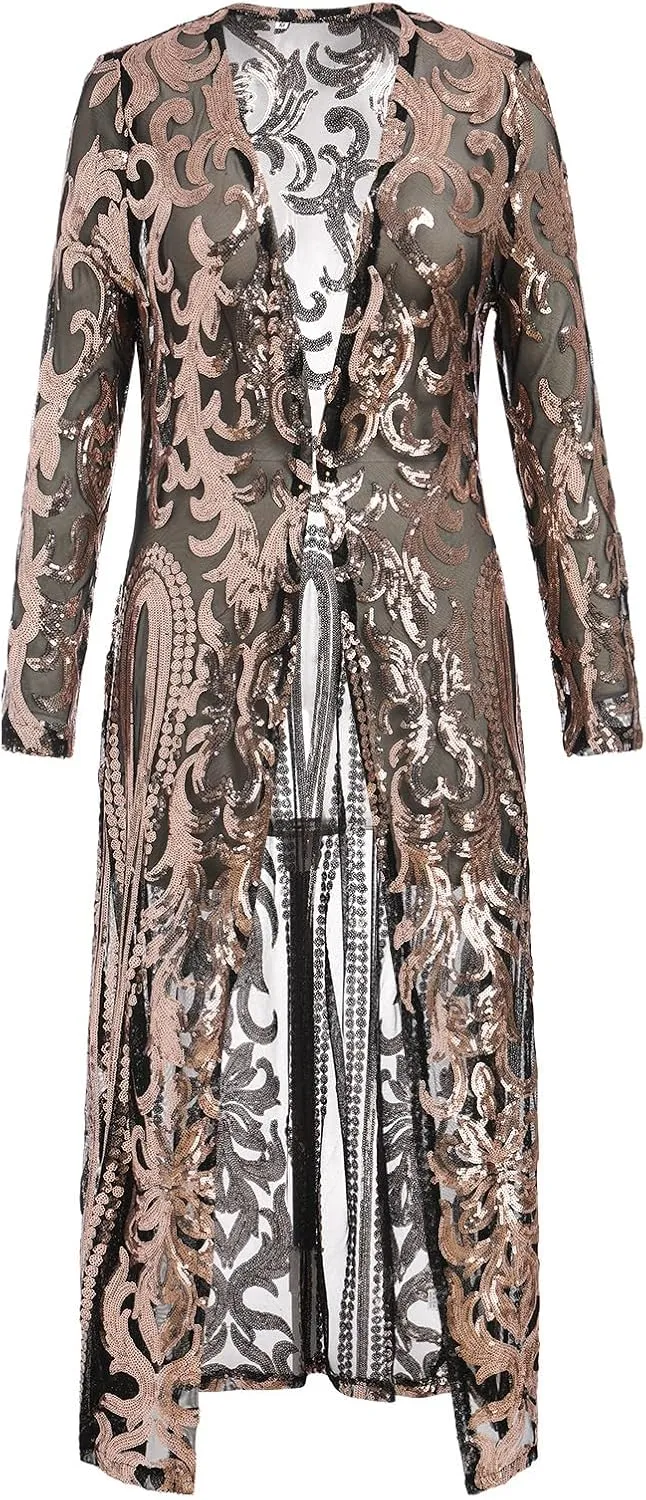 Women's Fashion Duster Cardigan Sparkle Sequins Long Sleeve Open Front Coat Dress Party Prom Cover Up