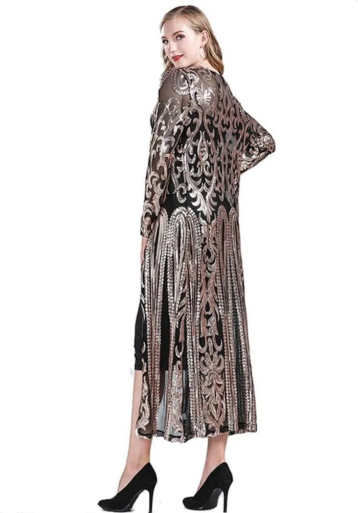 Women's Fashion Duster Cardigan Sparkle Sequins Long Sleeve Open Front Coat Dress Party Prom Cover Up
