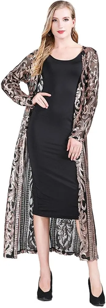 Women's Fashion Duster Cardigan Sparkle Sequins Long Sleeve Open Front Coat Dress Party Prom Cover Up