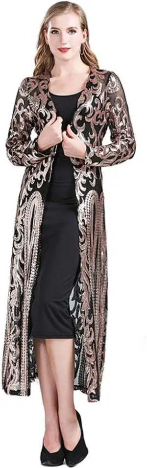 Women's Fashion Duster Cardigan Sparkle Sequins Long Sleeve Open Front Coat Dress Party Prom Cover Up