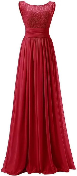 Women's Formal Crew Neck Bridesmaid Dresses Long Evening Dress A-Line Chiffon Lace Party Gowns