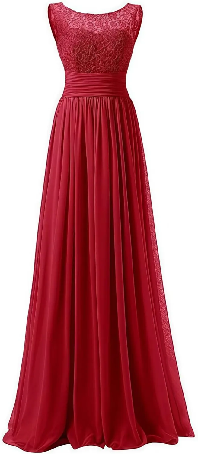 Women's Formal Crew Neck Bridesmaid Dresses Long Evening Dress A-Line Chiffon Lace Party Gowns