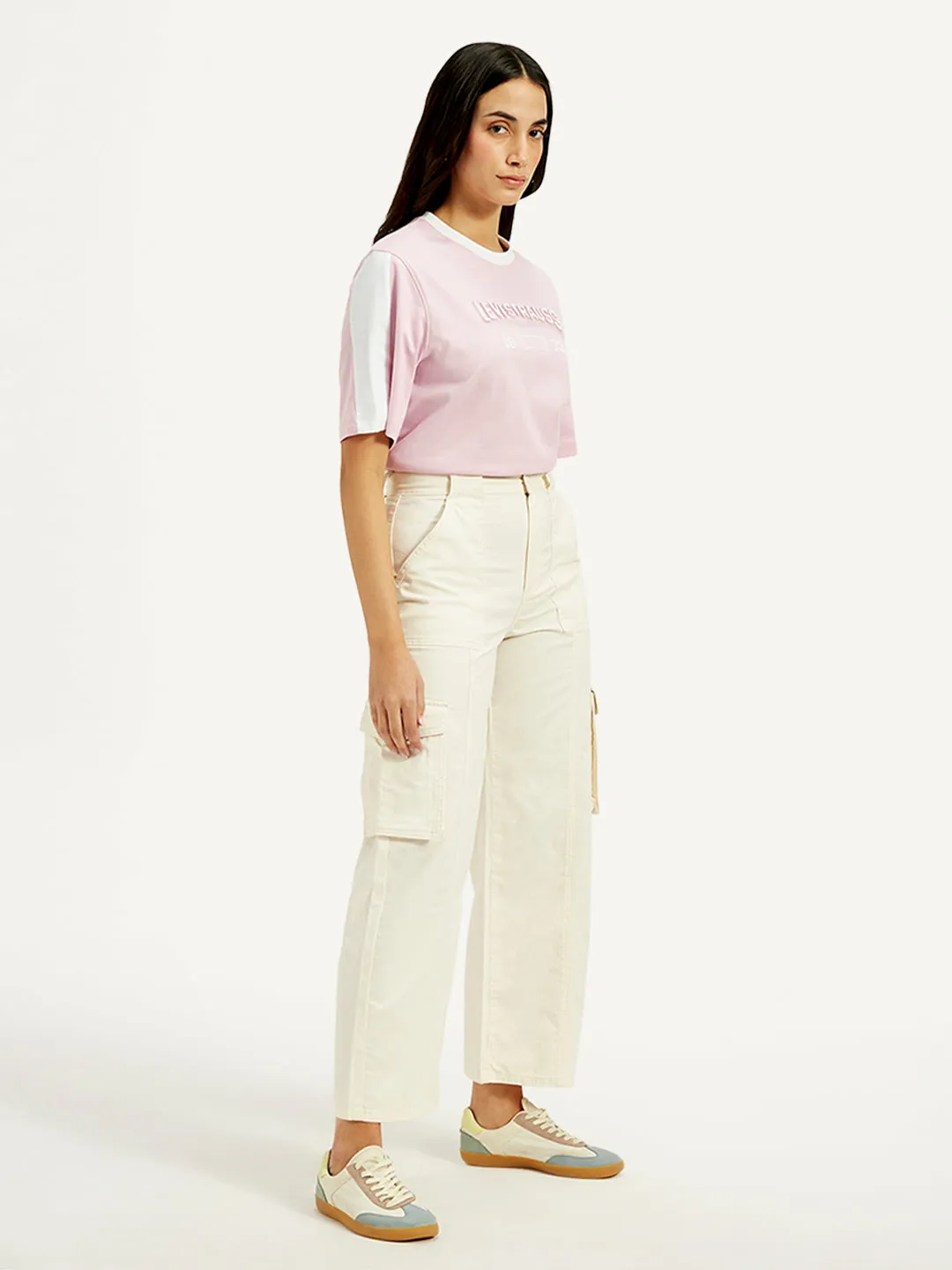 Women's High Rise Off-White Wide Leg Cargo Trousers
