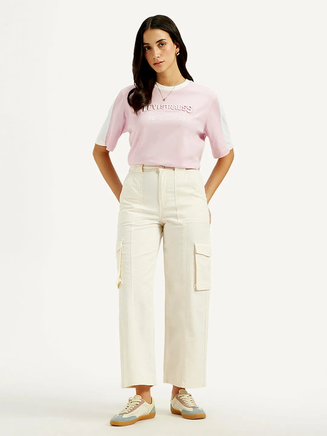 Women's High Rise Off-White Wide Leg Cargo Trousers