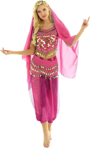 Women's India Shiny Coin Tassel Belly Dance Set Crop Top with Harem Pants Hip Scarf Head Scarfs