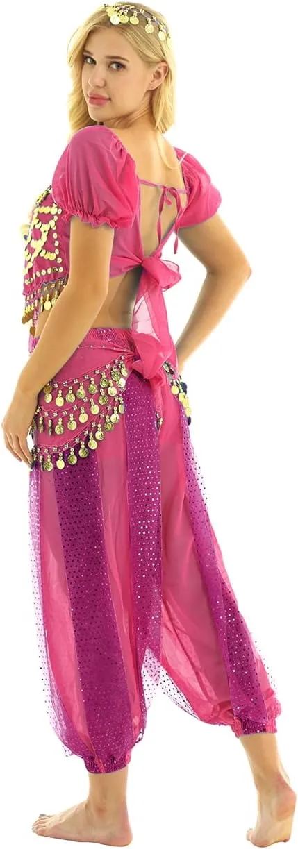 Women's India Shiny Coin Tassel Belly Dance Set Crop Top with Harem Pants Hip Scarf Head Scarfs