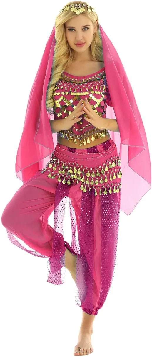 Women's India Shiny Coin Tassel Belly Dance Set Crop Top with Harem Pants Hip Scarf Head Scarfs