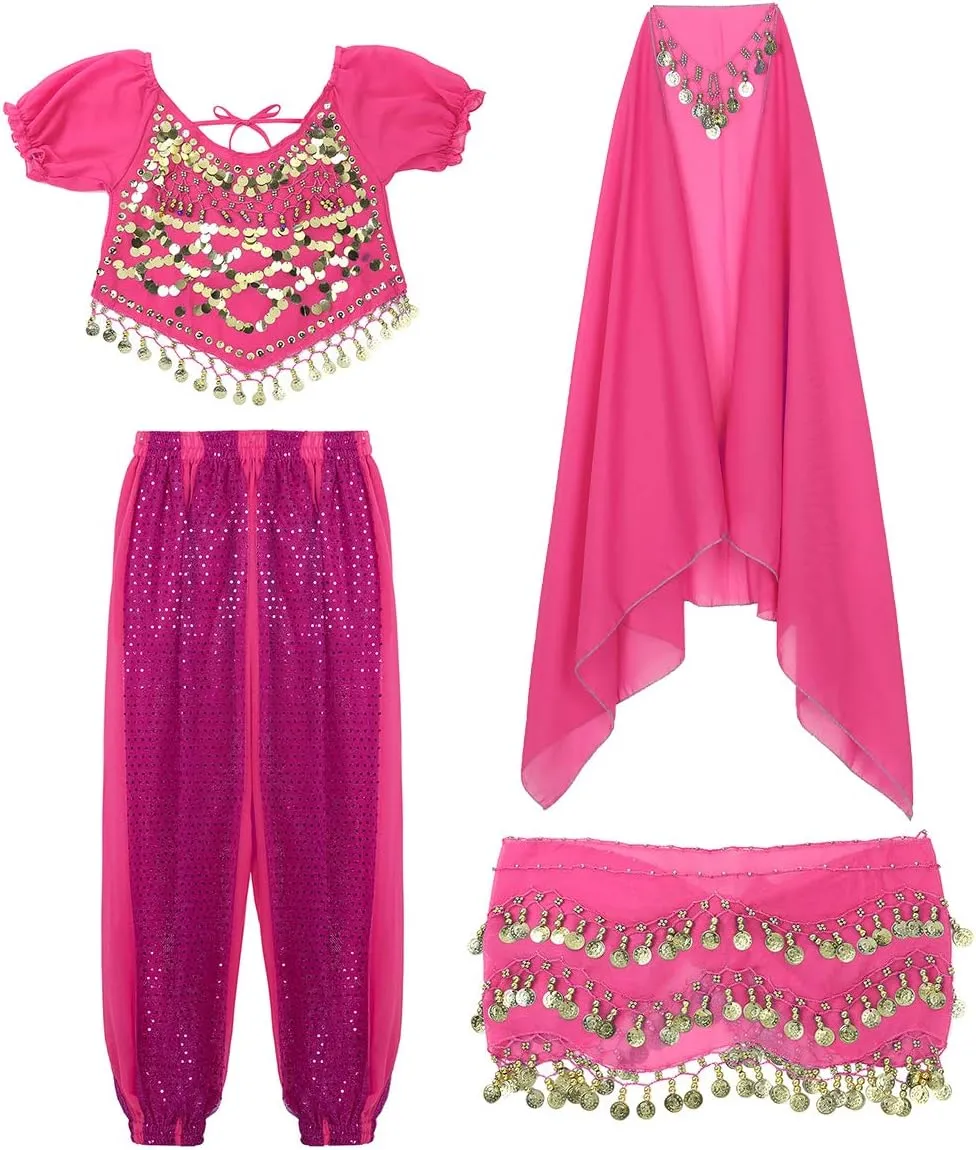 Women's India Shiny Coin Tassel Belly Dance Set Crop Top with Harem Pants Hip Scarf Head Scarfs