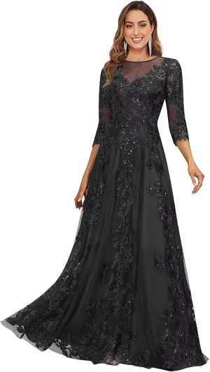 Women's Lace Appliques Mother of The Bride Dresses with 3/4 Sleeves Scoop Neck Beaded Formal Evening Gown