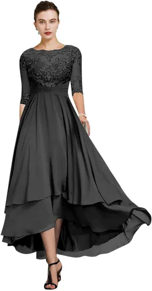 Women's Lace Mother of The Bride Dresses High Low Chiffon Half Sleeves Formal Dress Wedding Guest Party Gown
