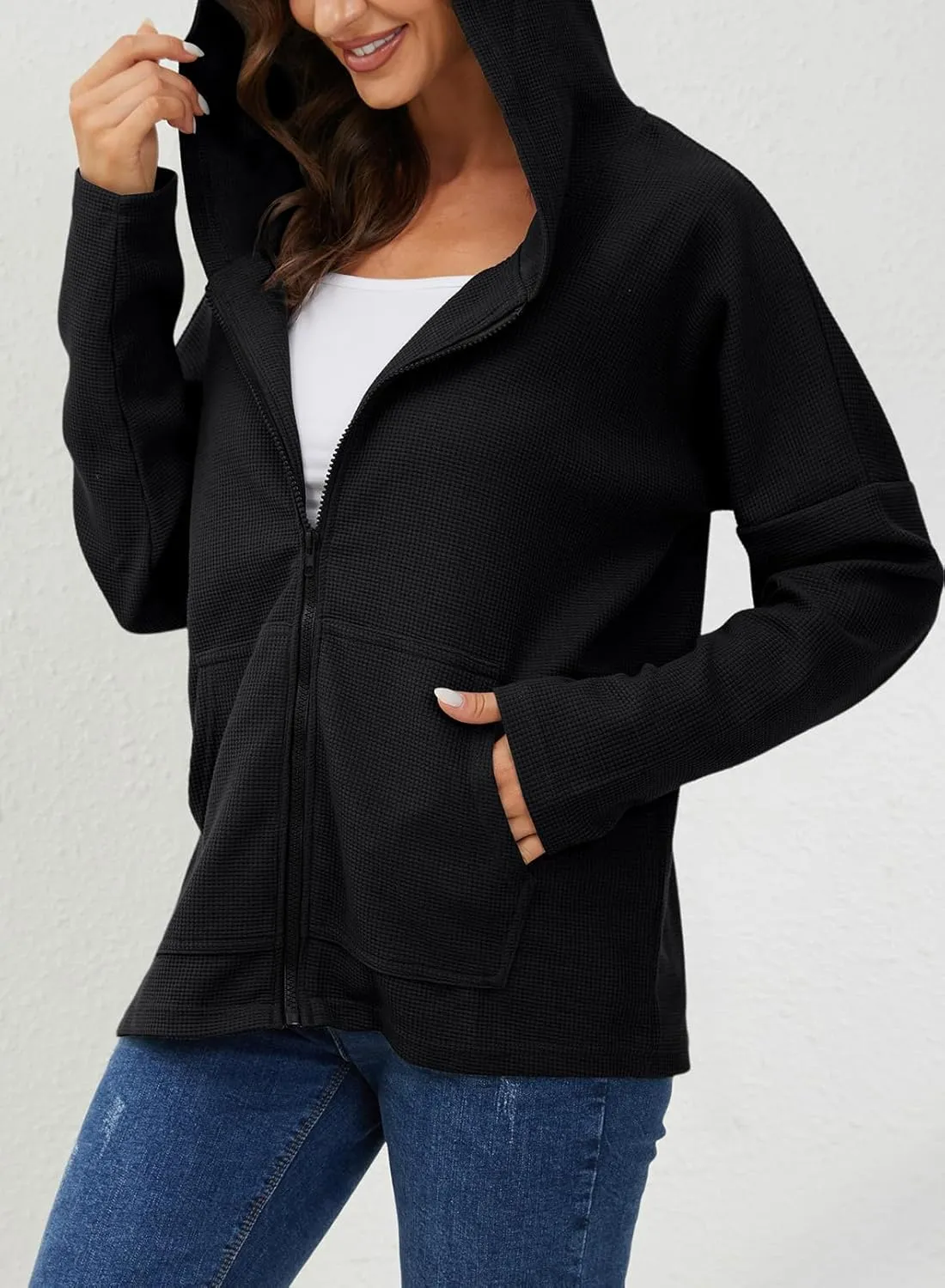 Womens Long Sleeve Ribbed Knit Zip Up Hoodies Sweatshirt