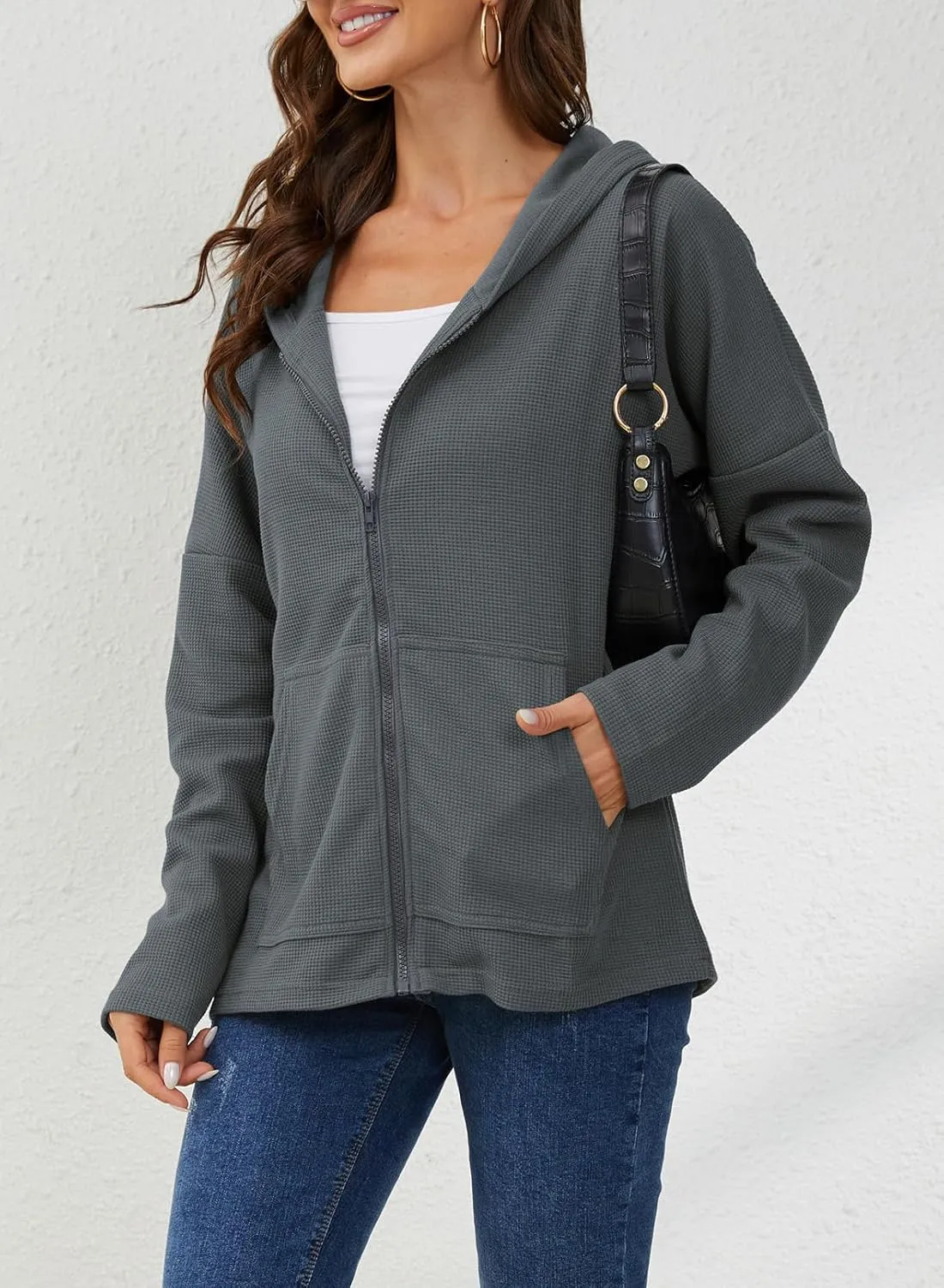 Womens Long Sleeve Ribbed Knit Zip Up Hoodies Sweatshirt