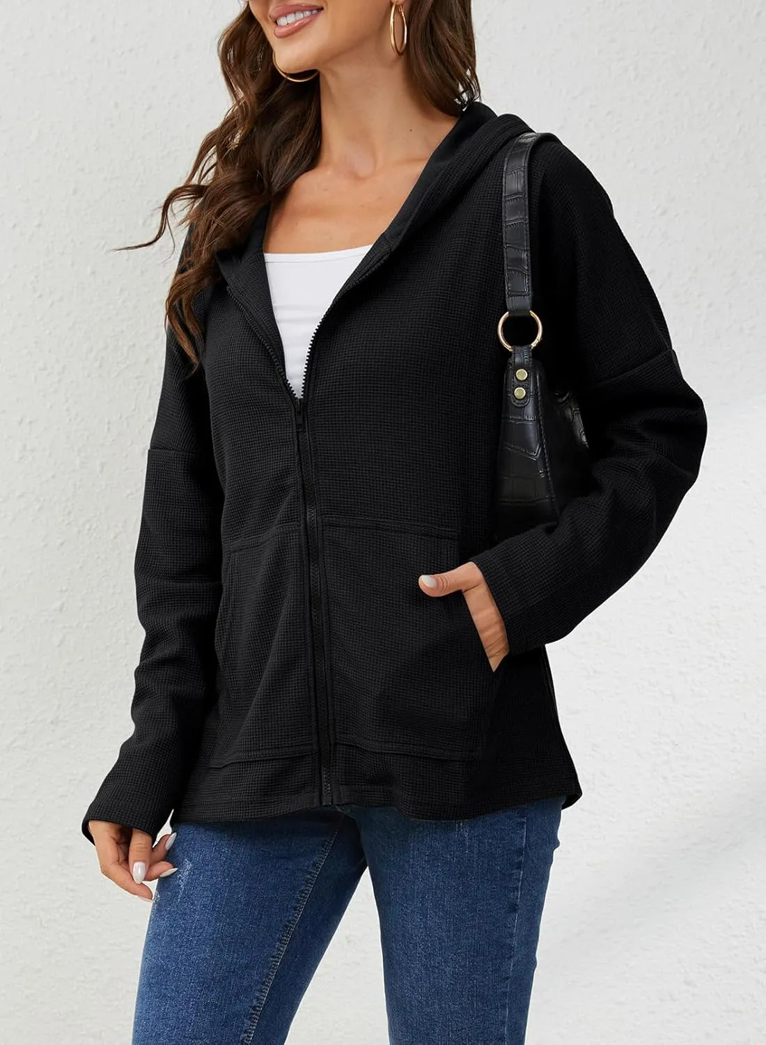 Womens Long Sleeve Ribbed Knit Zip Up Hoodies Sweatshirt