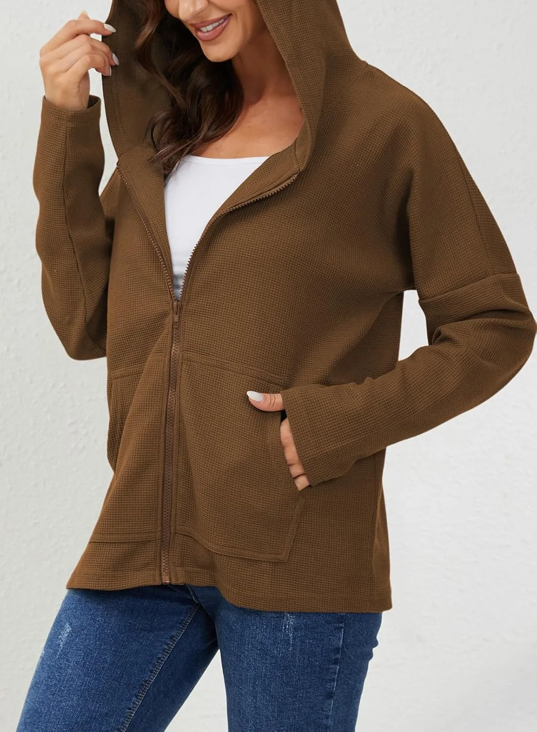 Womens Long Sleeve Ribbed Knit Zip Up Hoodies Sweatshirt