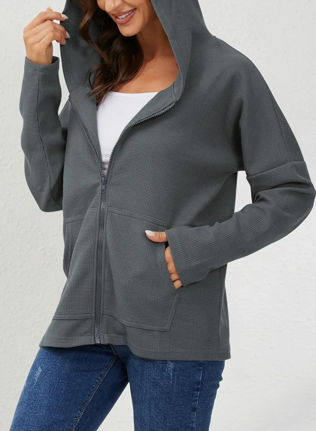 Womens Long Sleeve Ribbed Knit Zip Up Hoodies Sweatshirt