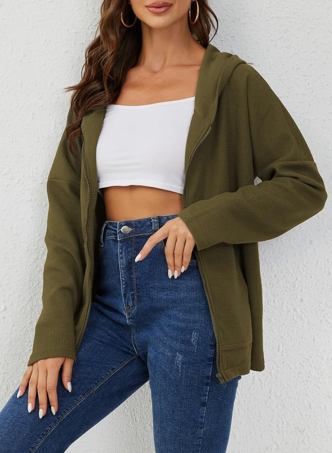 Womens Long Sleeve Ribbed Knit Zip Up Hoodies Sweatshirt