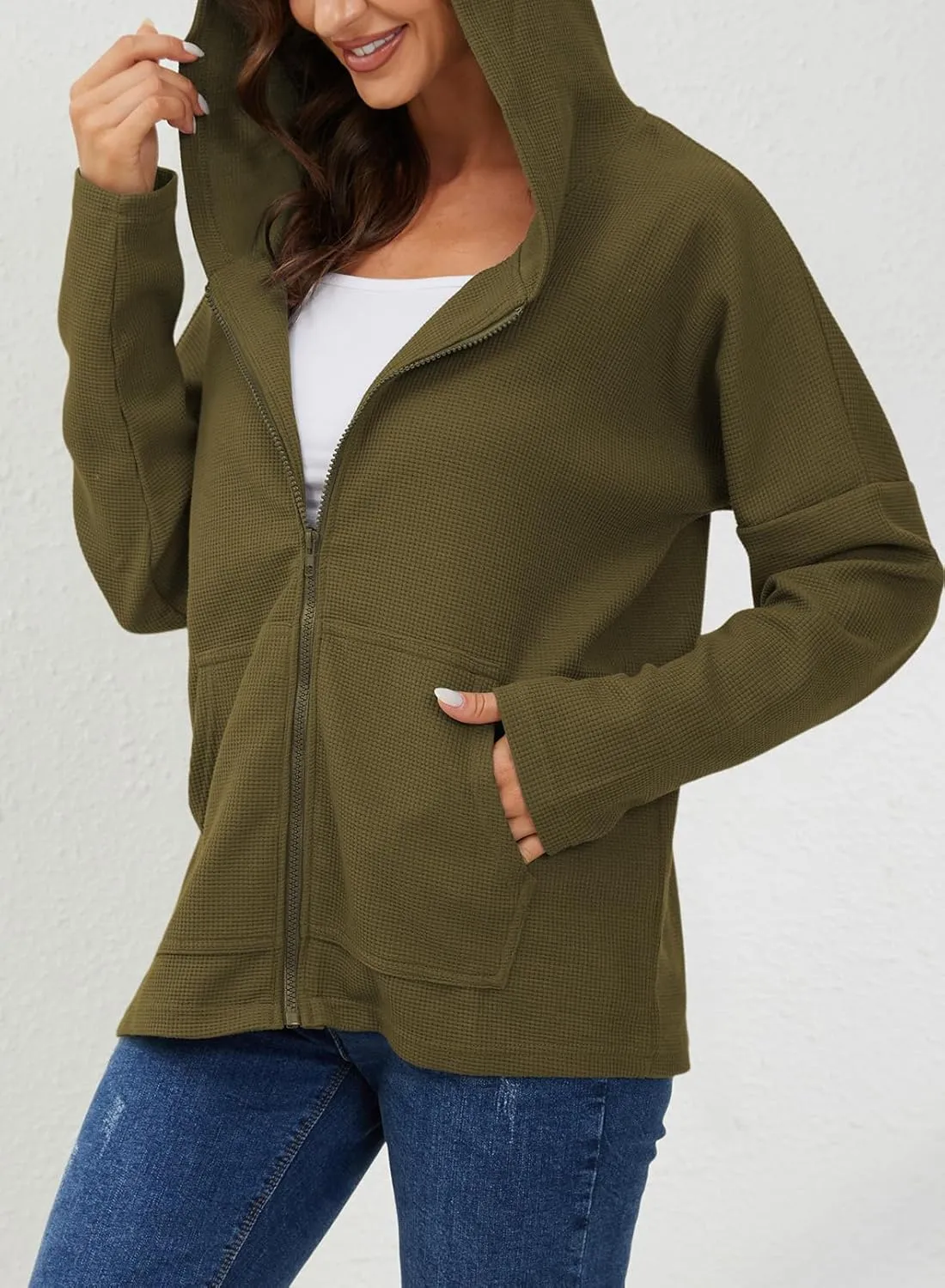 Womens Long Sleeve Ribbed Knit Zip Up Hoodies Sweatshirt